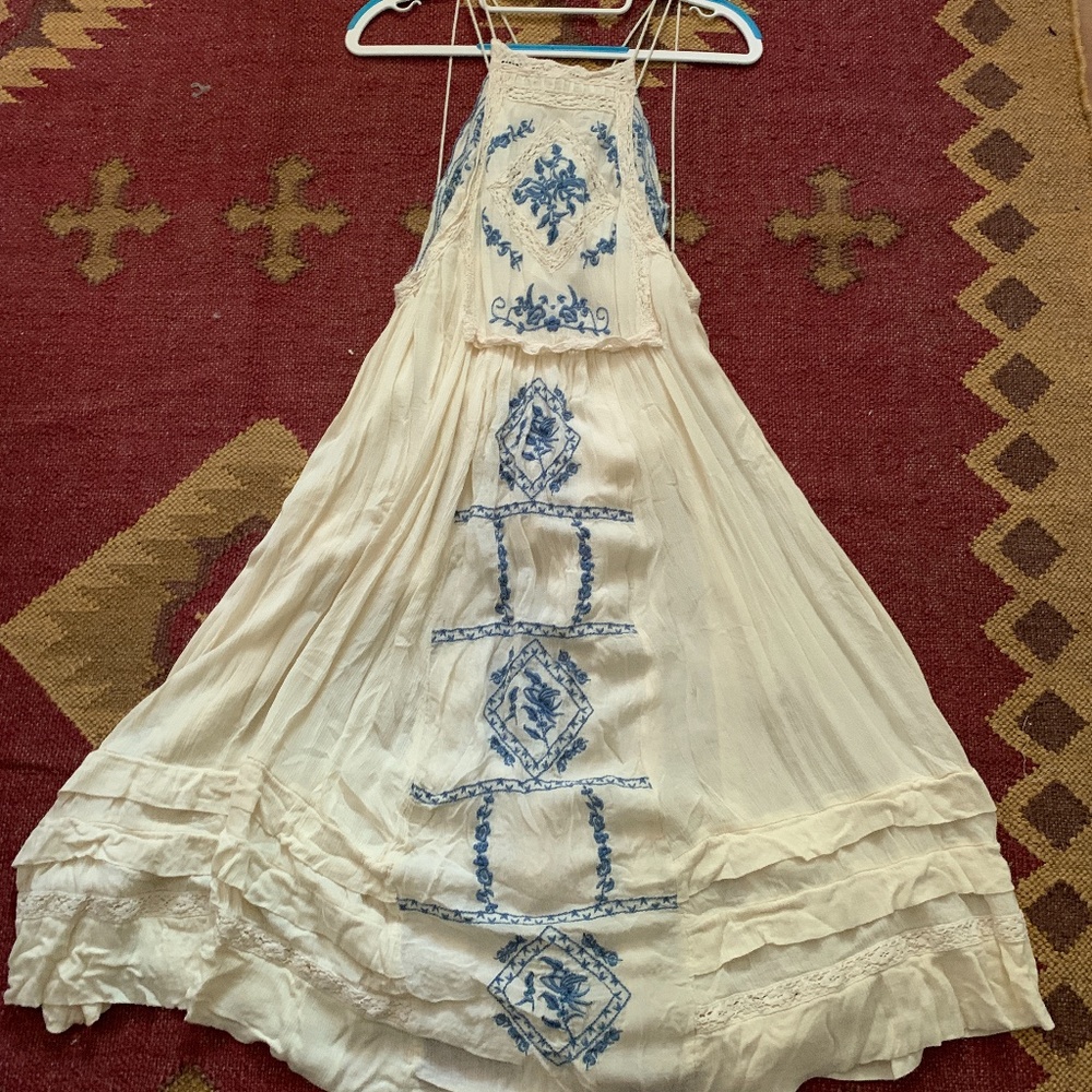 White & Blue Free People Embroidered Strappy Dress